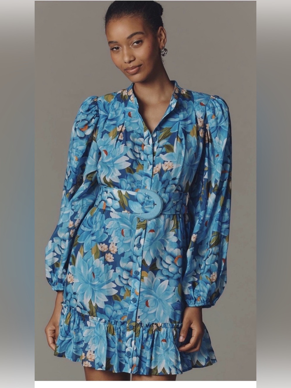 NWT Farm Rio Floral Blue Belted Long-Sleeve  Dress